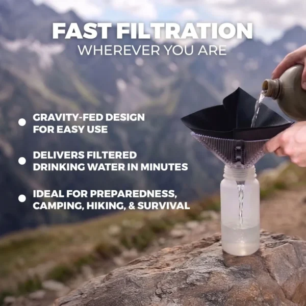 Outdoor scene of a gravity-fed water filter pouring into a bottle on a rock; overlay highlights ease of use, fast filtration, and preparedness benefits.