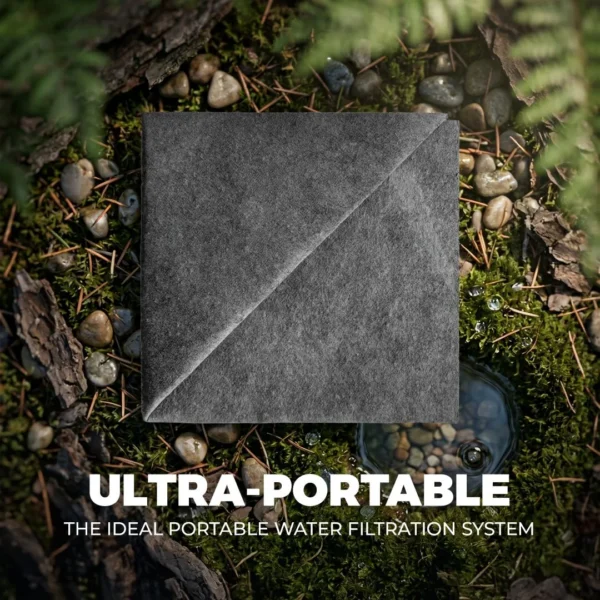 Ultra-portable gray square water filtration system placed on a mossy forest floor with promotional text visible: 'ULTRA-PORTABLE' and 'THE IDEAL PORTABLE WATER FILTRATION SYSTEM'.
