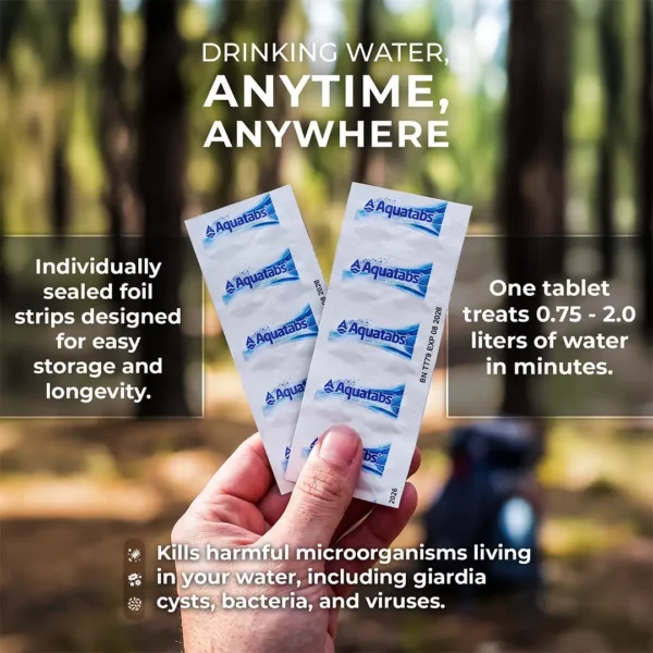 Hand holding two Aquatabs water treatment strips outdoors; advert highlights portable water purification for 0.75–2 liters and storage longevity.