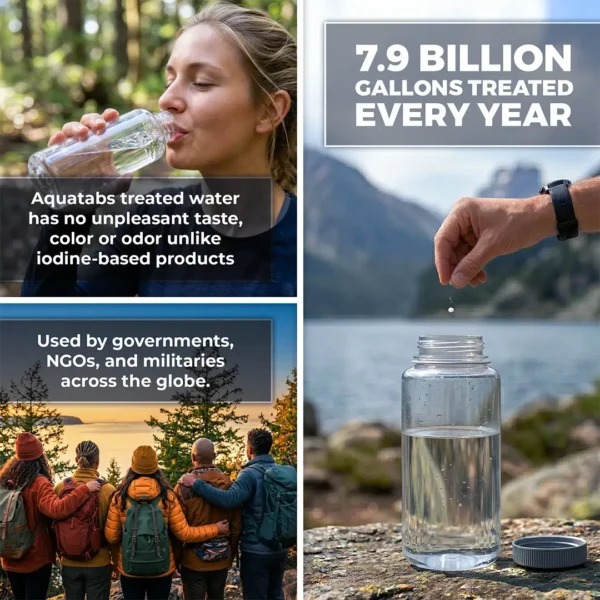 Collage showing a woman drinking from a water bottle, an overlaid message about Aquatabs, a group of hikers with backpacks, and a hand dropping purification tablets into a jar outdoors.