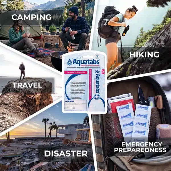 Collage promoting Aquatabs for outdoor and emergency prep: camping, hiking, travel, disaster scenes around a central Aquatabs package.