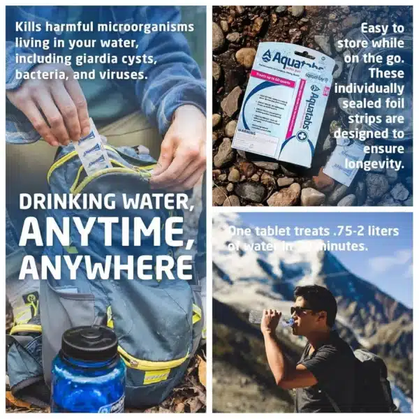 TAB30_Info1_June2026_WEBP - Business Connect Adventure Triptych ad promoting water purification tablets: left panel shows a hiker with a backpack and water bottle; middle panel features Aquatabs packaging on rocks; right-bottom panel shows a man drinking water with mountains in the background.