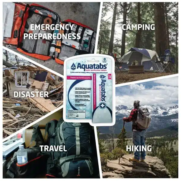 TAB30_Info4_June2026_WEBP - Business Connect Adventure Collage promoting Aquatabs water purification for emergency preparedness, camping, disaster, travel, and hiking.