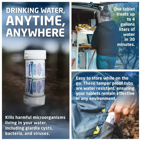 Three-panel ad for water purification tablets: left panel shows a pill bottle with ‘Drinking water, Anytime, Anywhere’ and microbial-killing claim; top-right panel shows a person near a vehicle with text about treating up to 4 gallons in 30 minutes; bottom-right panel mentions easy, durable, tamper‑proof storage for on-the-go use.