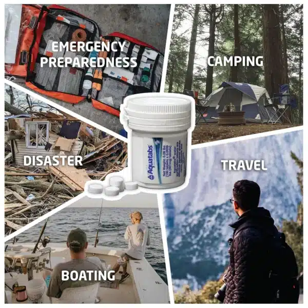 Collage showing Aquatabs water purification tablets for emergency preparedness, camping, disaster, travel, and boating.