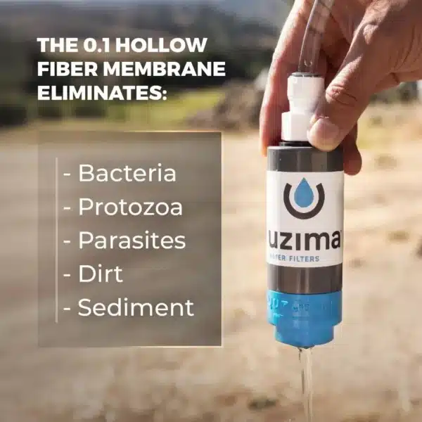 Uzima_UZ1_Infographic2 - Business Connect Adventure Uzima water filter held in hand with a bullet list of contaminants removed: bacteria, protozoa, parasites, dirt, and sediment.