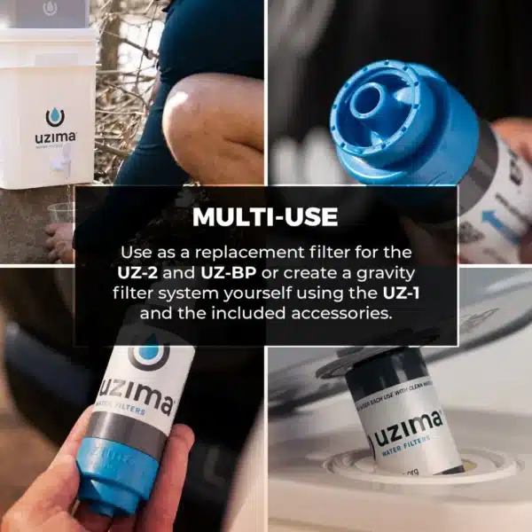 Uzima_UZ1_Infographic5 - Business Connect Adventure Collage of Uzima water filters and accessories with a bold 'MULTI-USE' overlay describing replacement filters and usage options.