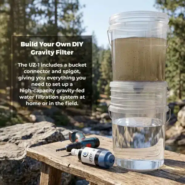 Uzima_UZ1_Infographic6 - Business Connect Adventure DIY gravity water filter setup with stacked clear buckets on a wooden surface outdoors; bottle of filter media and tools nearby (text overlay describes the kit).
